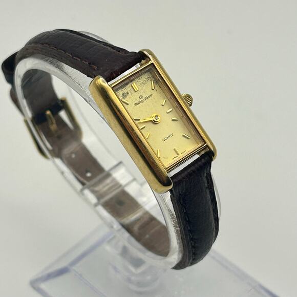 Vintage Mathey-Tissot Gold Plated Brown Leather Tank Watch Working New Battery main image 8